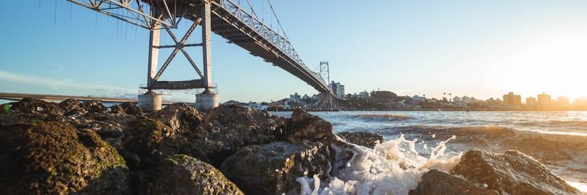 Cityscape of Florianopolis Brazil with bridge in foreground