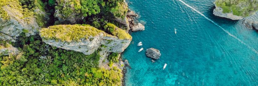 Top down landscape shot of water and islands near Krabi Thailand