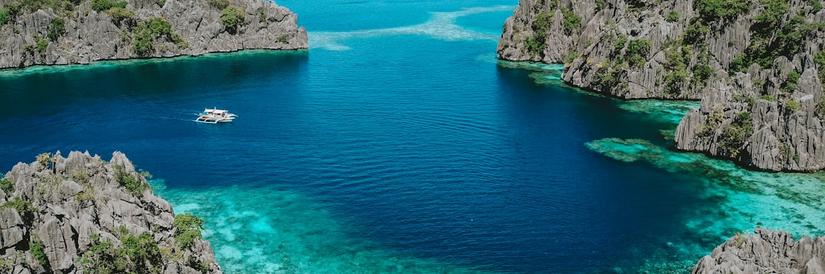 Aerial landscape of water and cliffs near Palawan