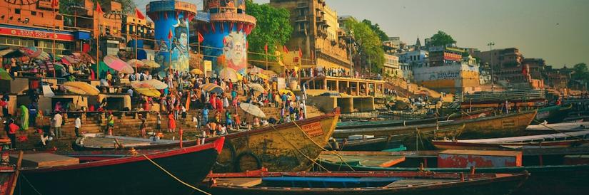 Varanasi India city scene at golden hour